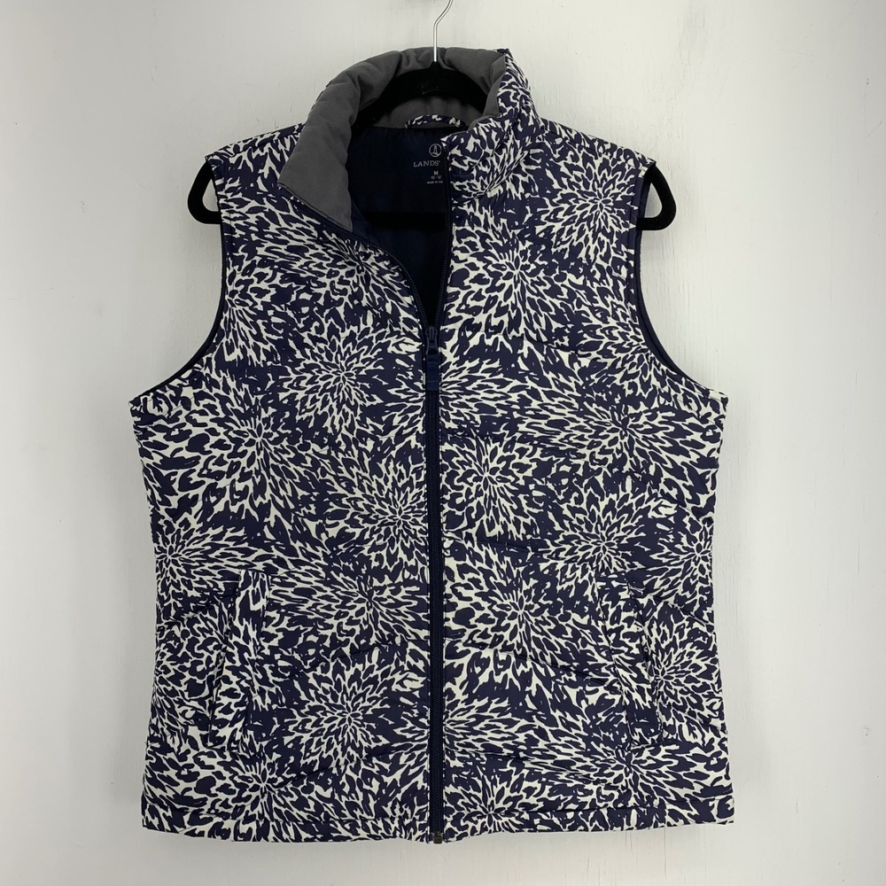 Lands End Womens Medium Blue White Floral Down Puffer Vest Nautical Preppy